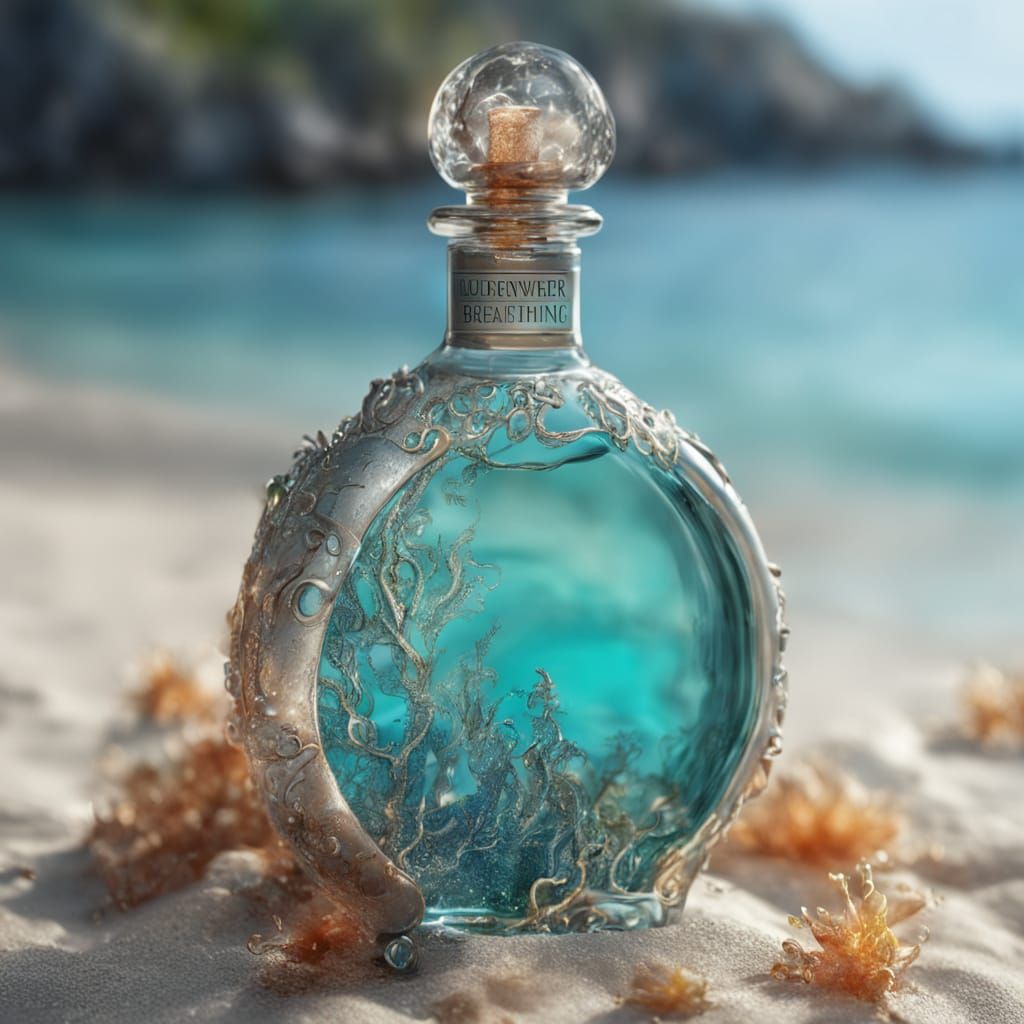 Elegant Etched Text on Underwater Breathing Elixir Bottle