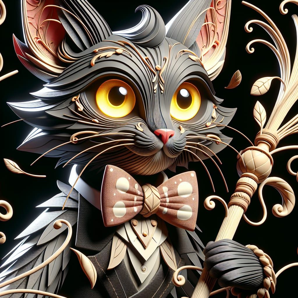 A mischievous cat character in a polka dot bowtie, holding a...