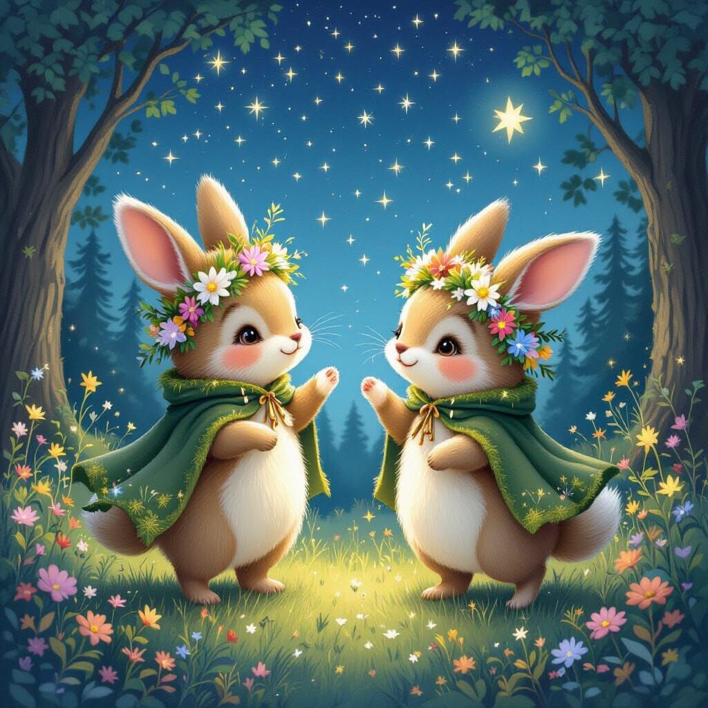 Mythical Creatures Dancing in Enchanted Forest at Night