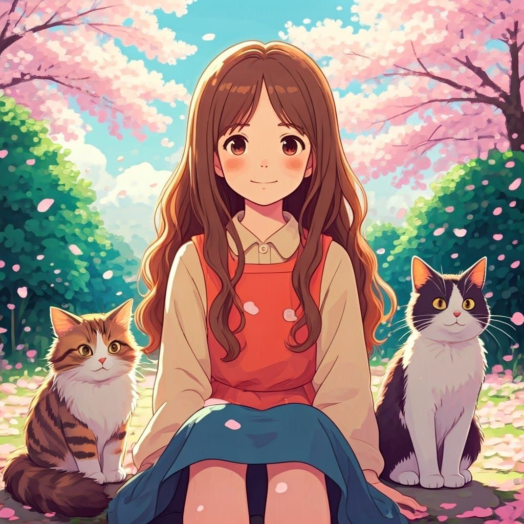 Girl with Cats in Cherry Blossom Garden: Ghibli Style