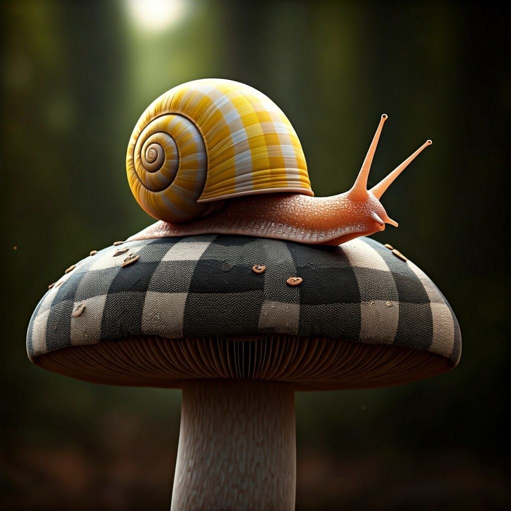 Snail with Gingham Shell on Gingham Mushroom