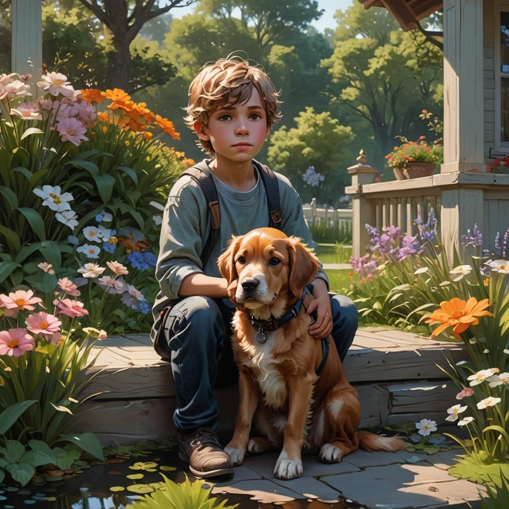 Boy and Dog by Pond: Digital Art Portrait