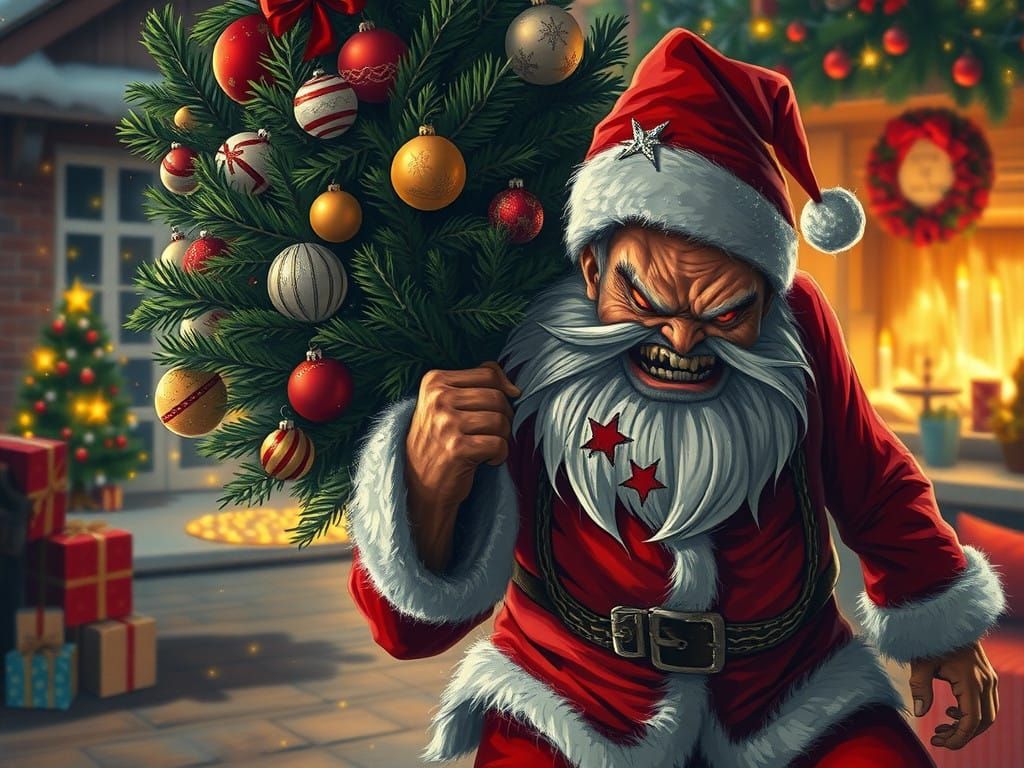 Dark Santa Drags Christmas Tree in a Twisted Holiday Scene