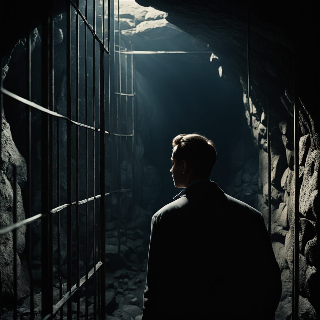 Film Noir Scene: Person in Dark Stone Cave