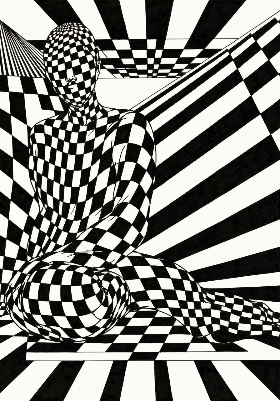 Op Art Figure in Checkered Pattern