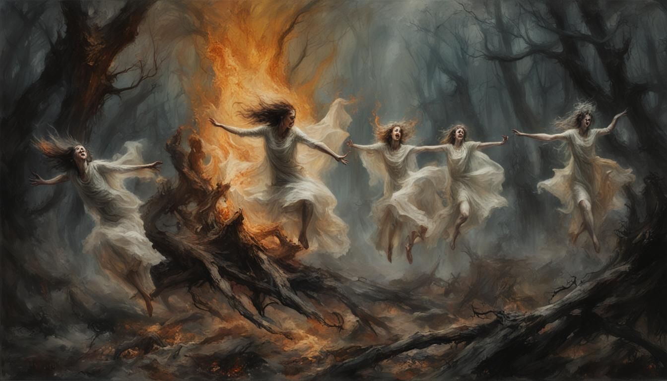 Witches gather at midnight in the haunted forest and dance around their sacred fire to summon woodland elementals.