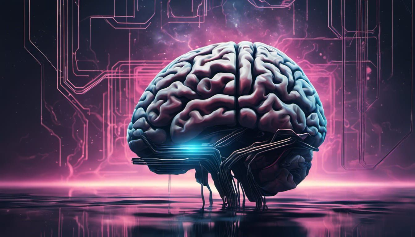 Human Brain Floating in Cyberpunk Space