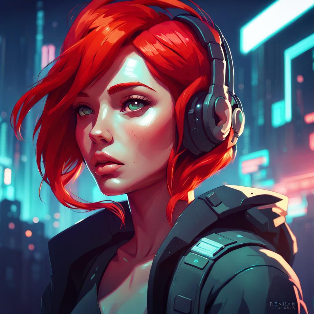 Red-Haired Woman in Cosmic Cyberpunk Digital Art
