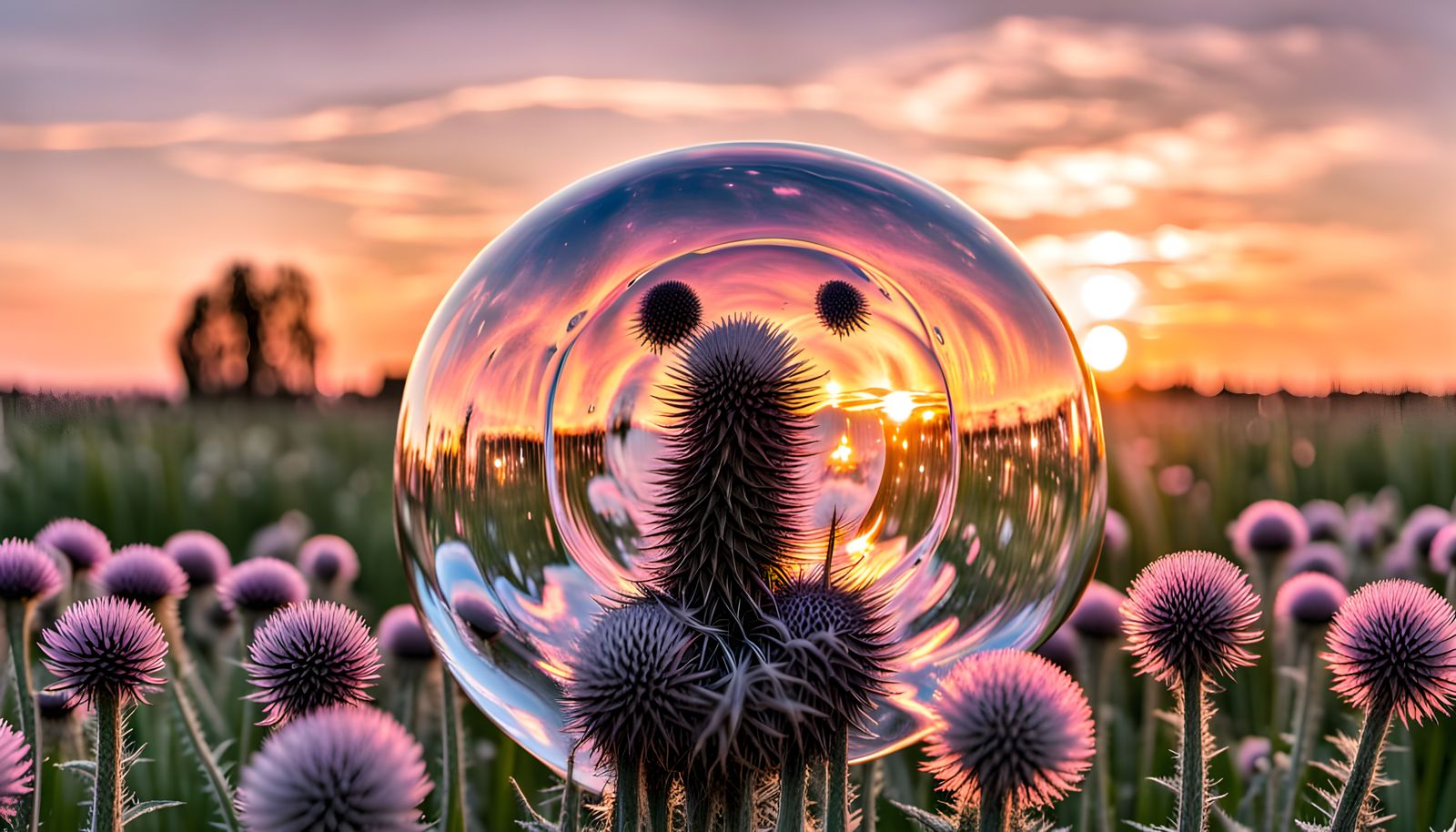 Glass Ambulance Meets Thistle in Sunset Field