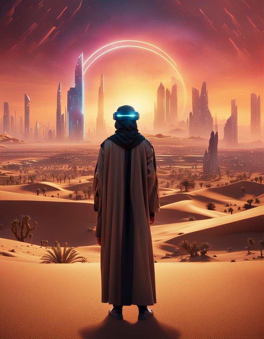 Futuristic Desert City with Holographic Shields