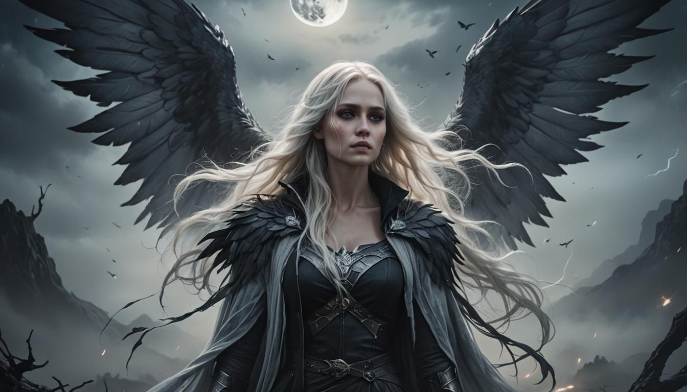 Winged Woman in Moonlit Landscape: Dark Fantasy Art