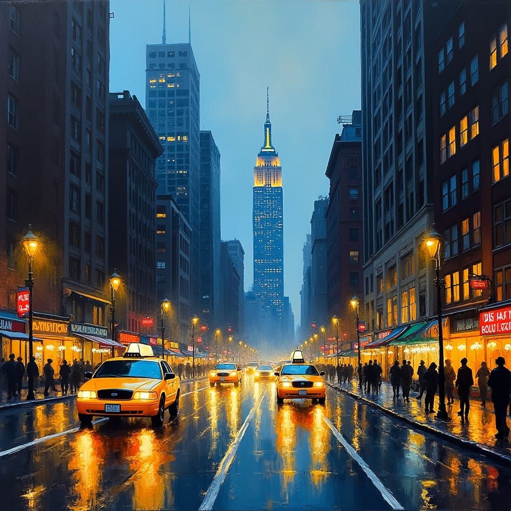 Rainy New York City Street at Dusk as Impressionist Painting