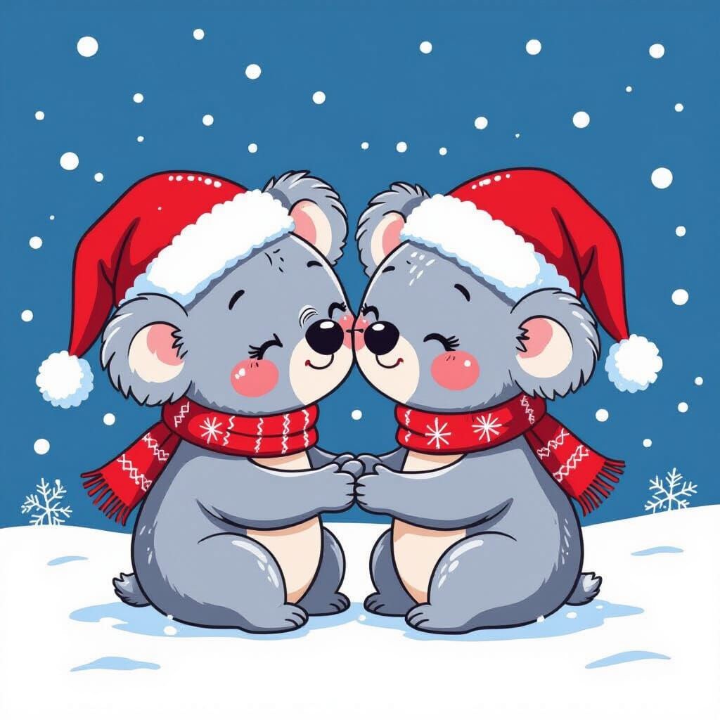 Cute Cartoon Koalas in Santa Hats Sharing a Tender Moment