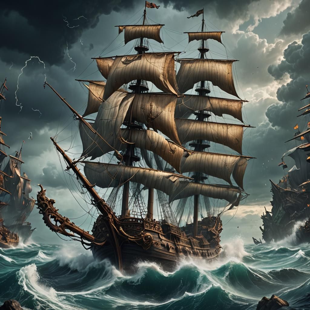 Kraken Sinking Galleon in Storm: Detailed Matte Painting
