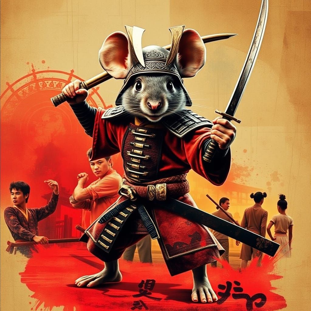 Samurai Mouse in Bruce Lee Inspired Double Exposure