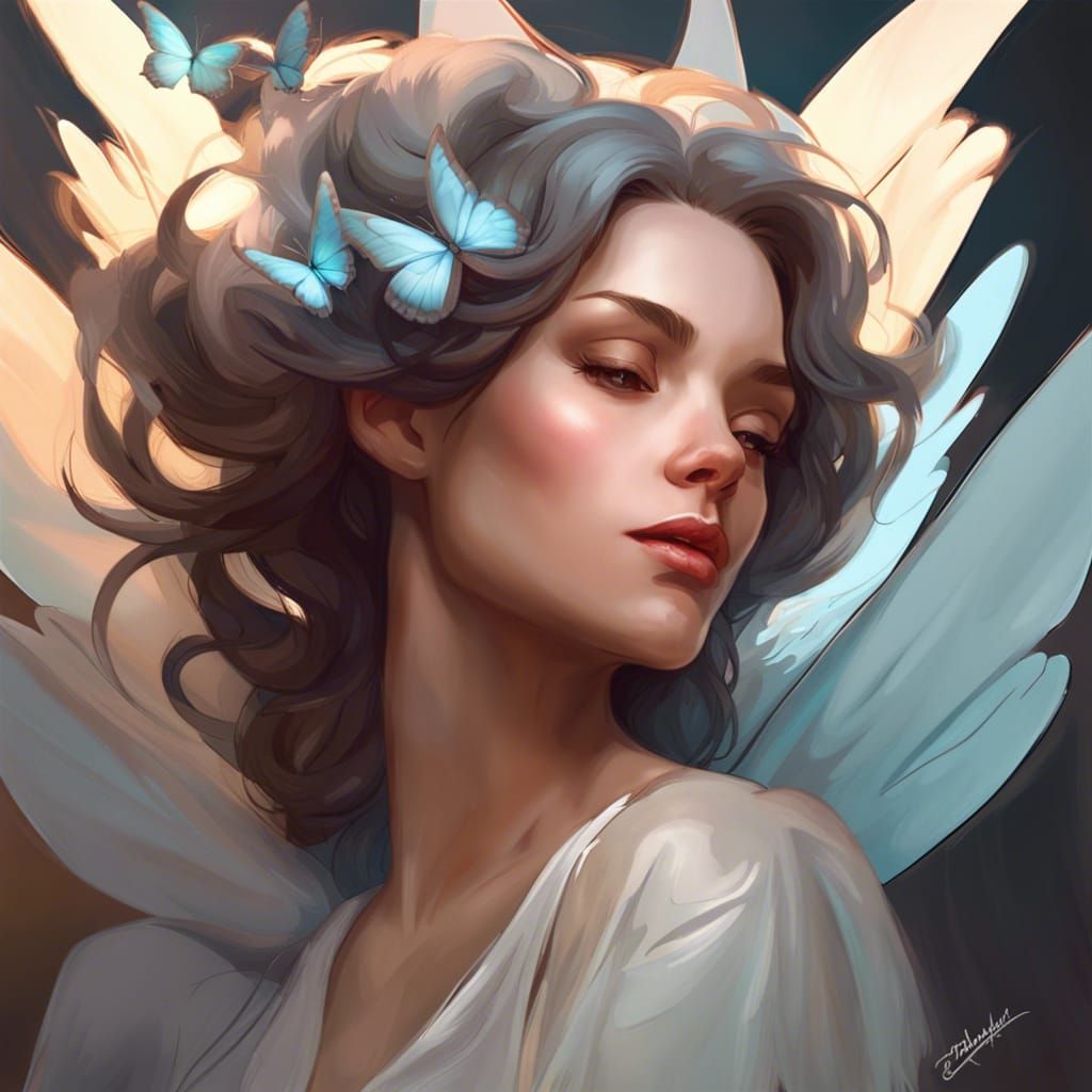 Woman Embracing Angel in Butterfly Flight, Art Nouveau