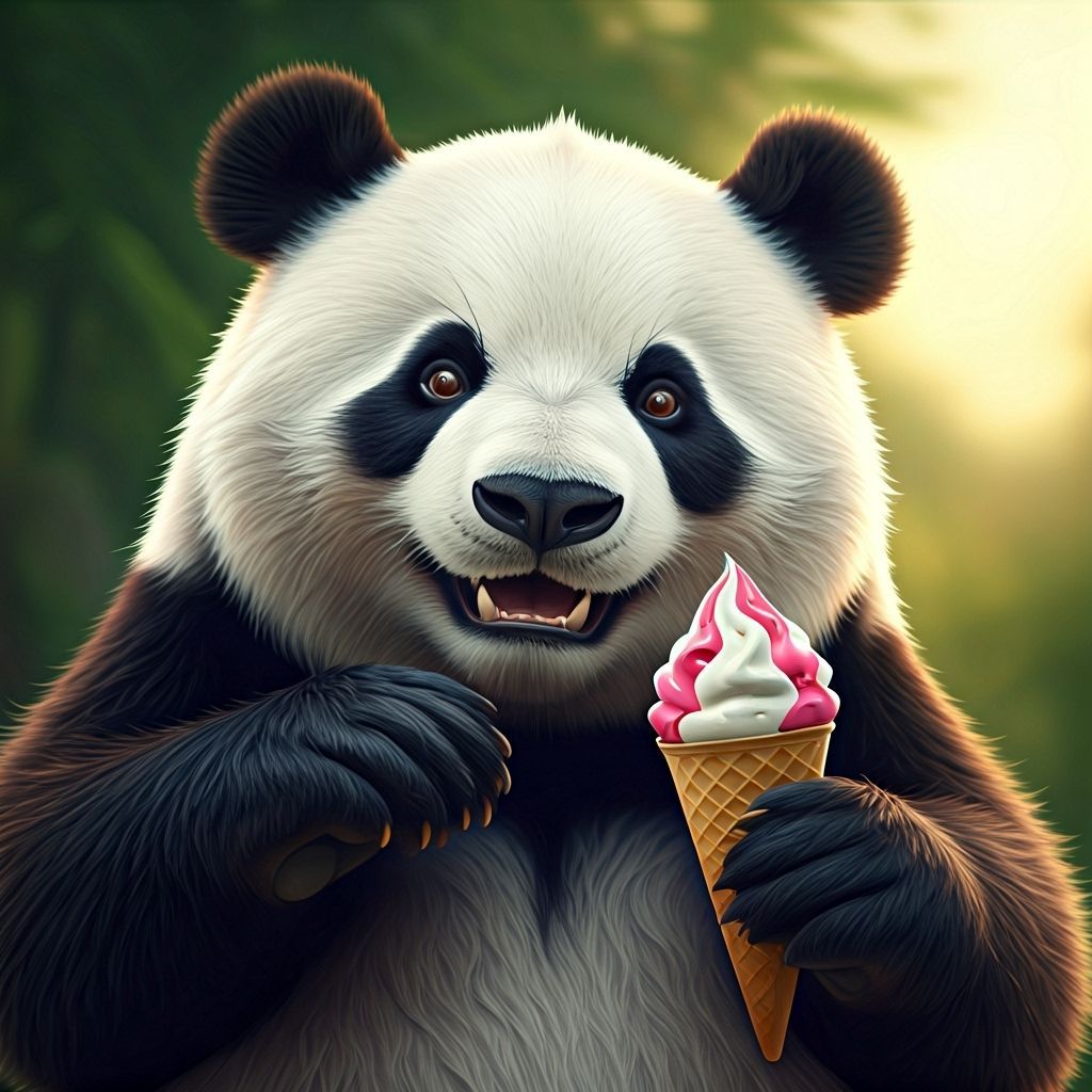 Joyful Panda Eating Melting Ice Cream in Warm Sunlight