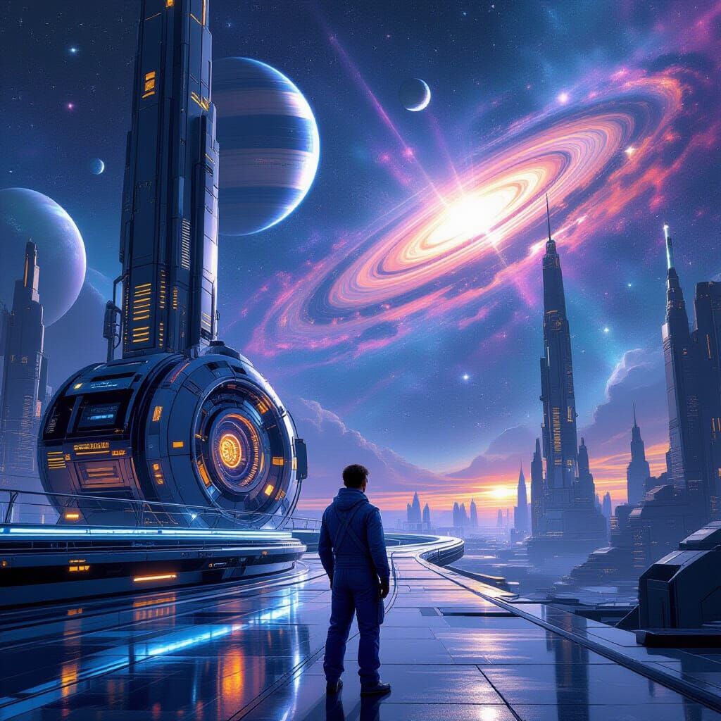 Futuristic Sci-Fi Architecture with Lone Figure in Starfield