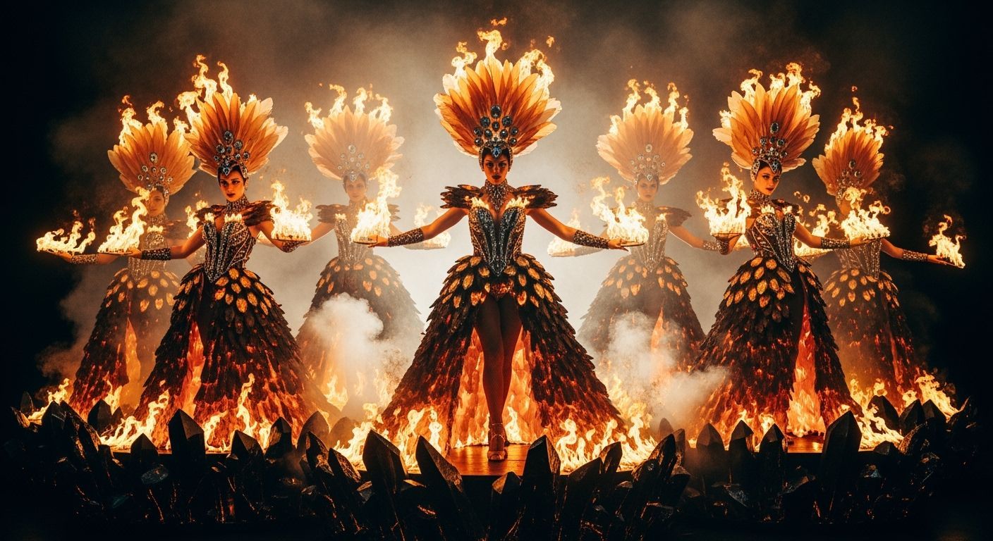 Fiery Showgirls on Obsidian Stage
