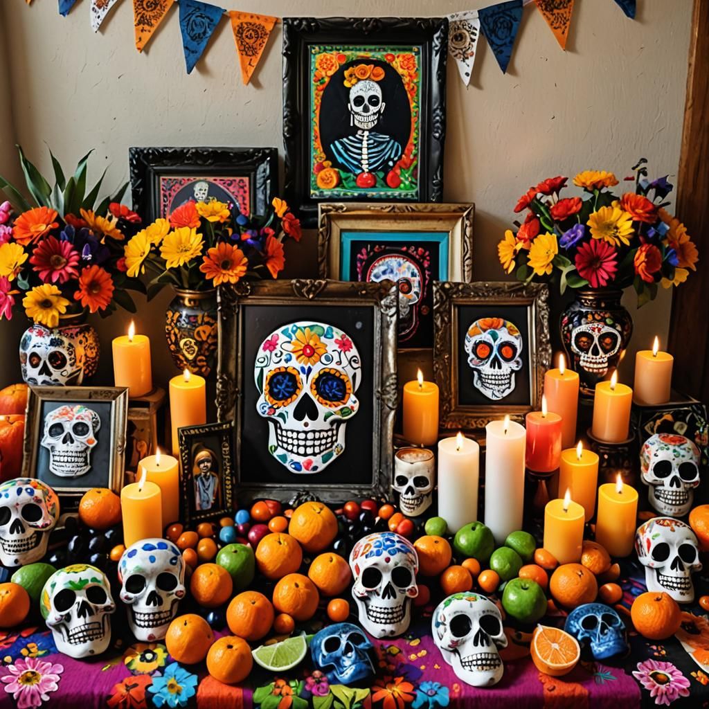 Vibrant Day of the Dead Ofrenda with Candy Skulls