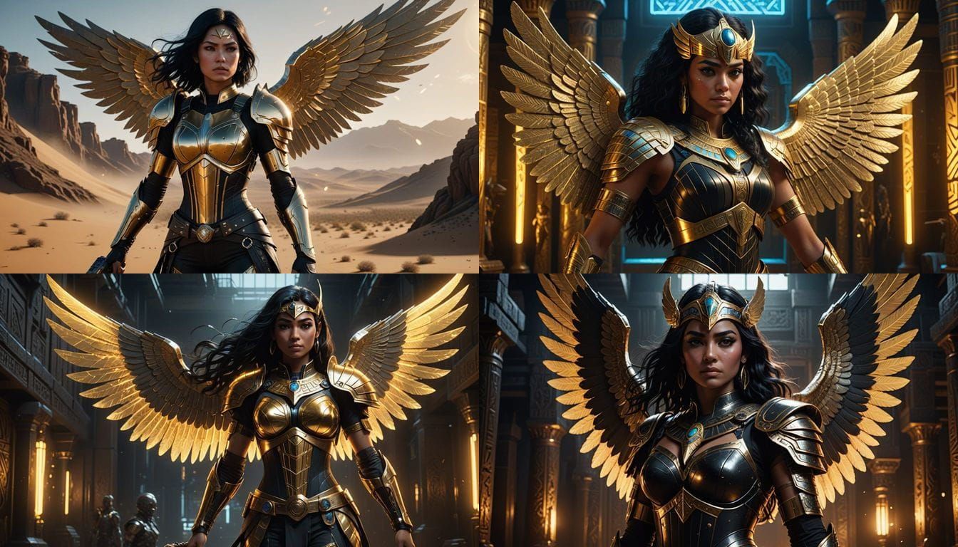 Egyptian Warrior Goddess with Golden Wings and War Hammer
