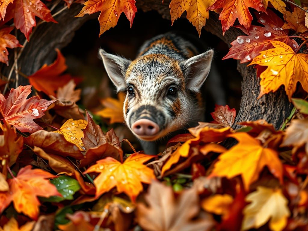 Cute Wild Boar Piglet in Autumn Leaves
