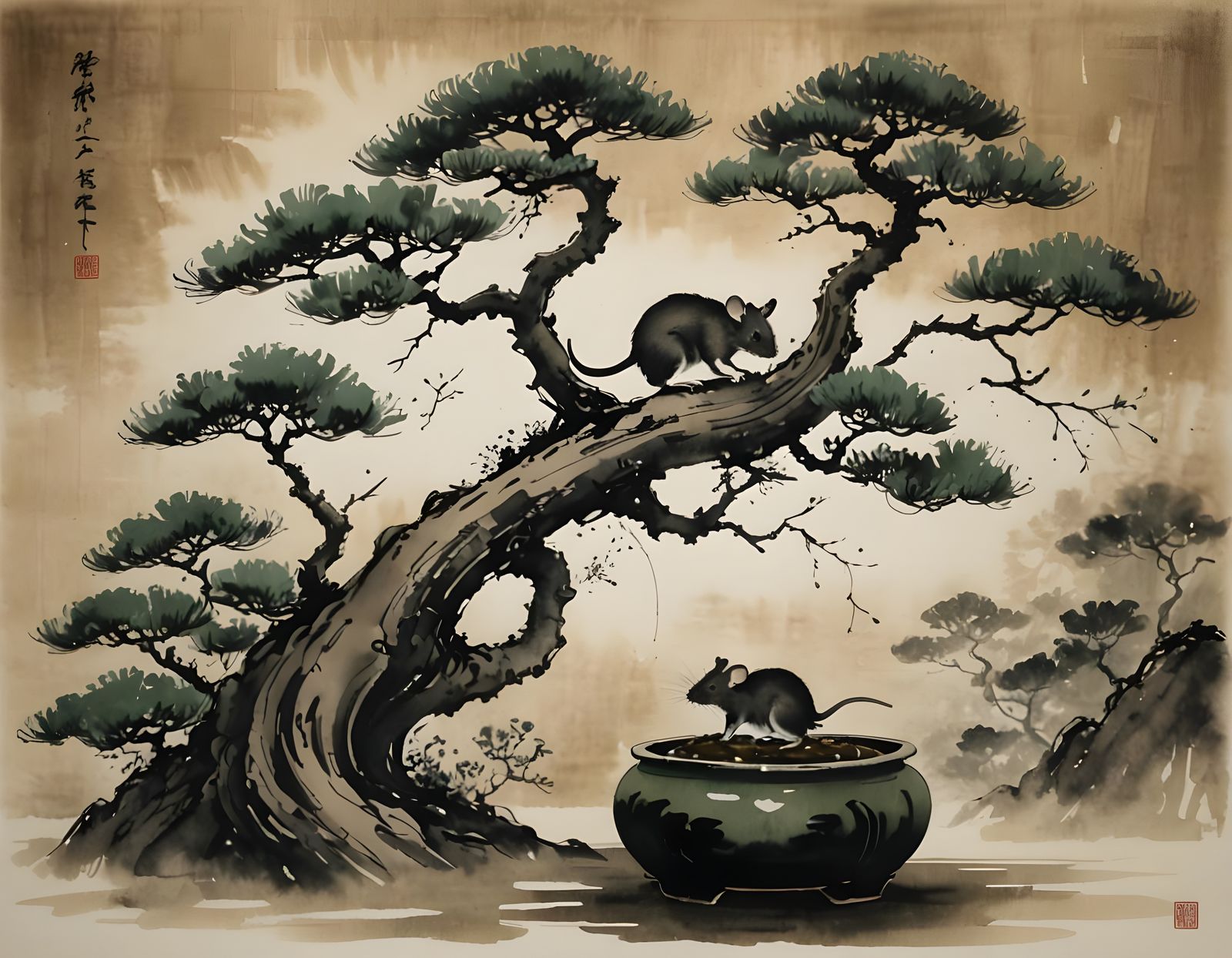 Surreal Bonsai Tree in Vibrant Black and Dark Green Swirls