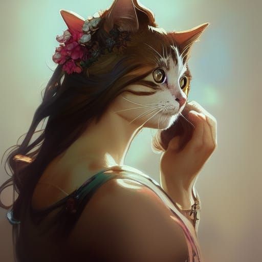 Floral Cat Portrait in Art Nouveau Style