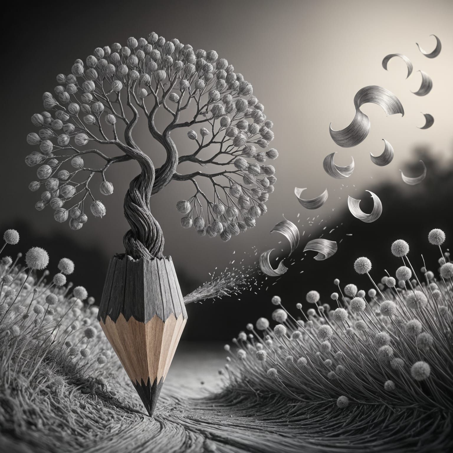 Pencil Tree with Graphite Veins and Swirling Shavings