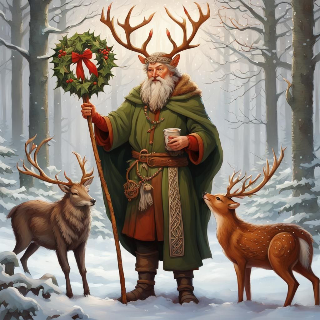 Festive Christmas Druid in Snowy Woodland