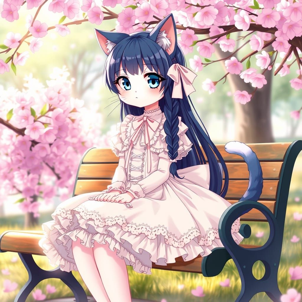 Anime Cat Girl in Whimsical Cherry Blossom Garden