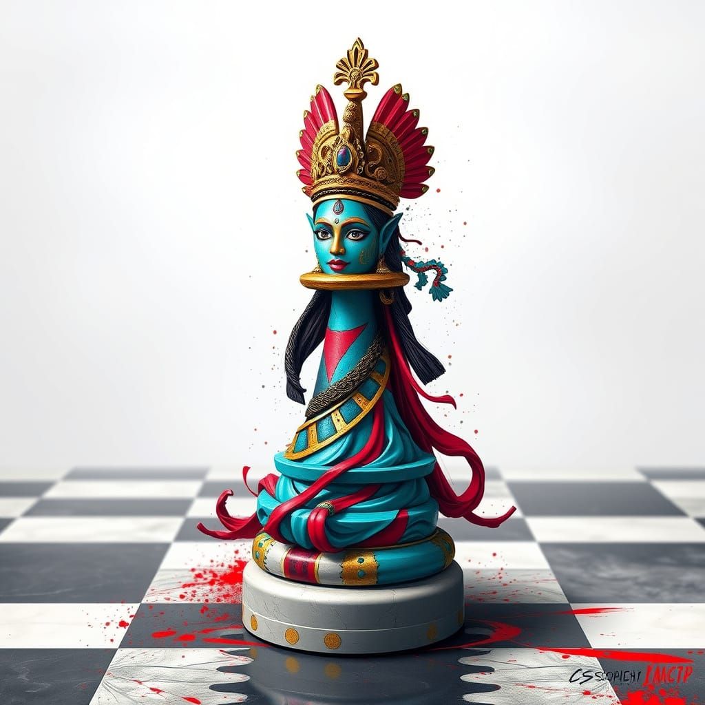 Majestic Indian Queen Chess Piece in Graffiti Art Style