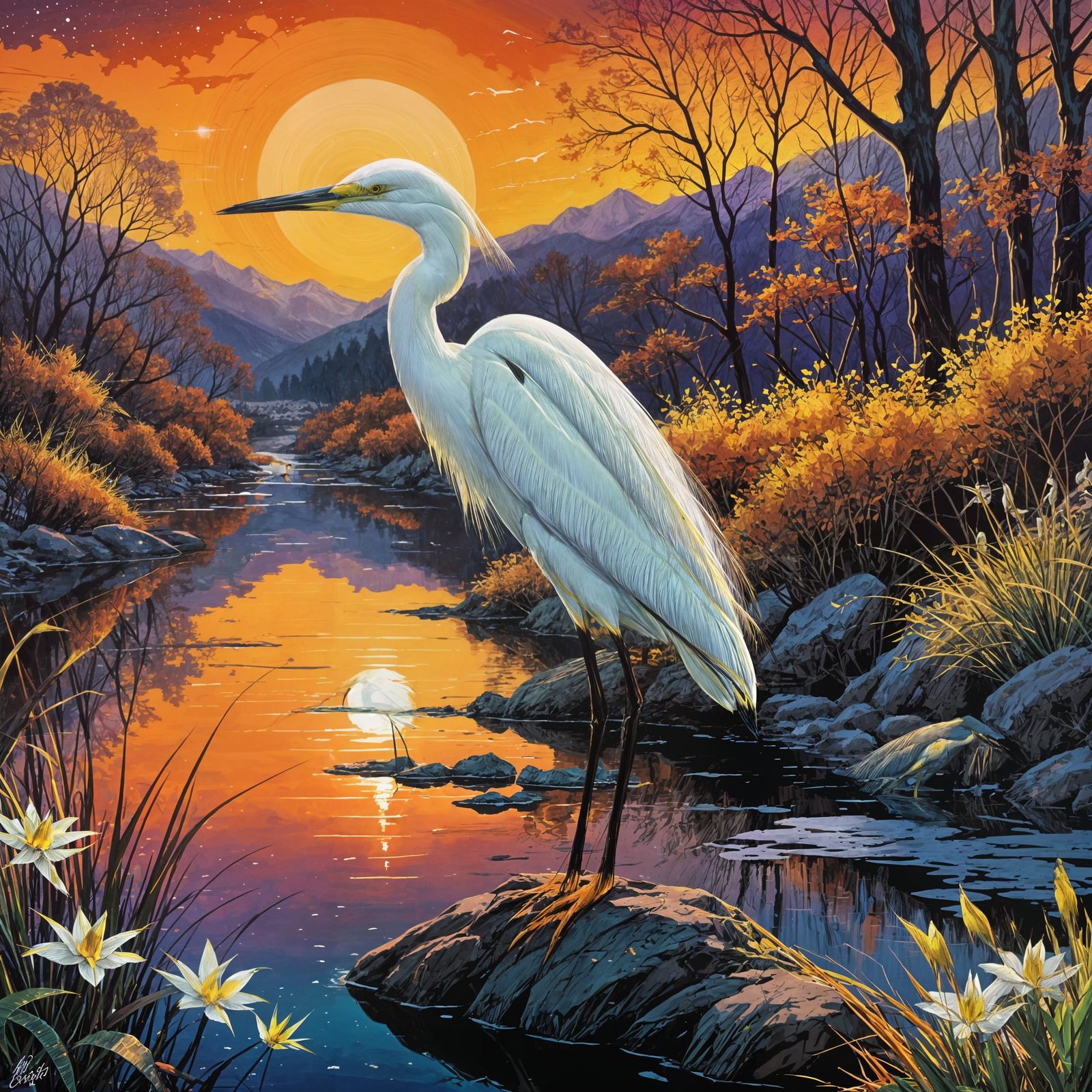 Snowy Egret Stares at Sunset: Glasswork Art
