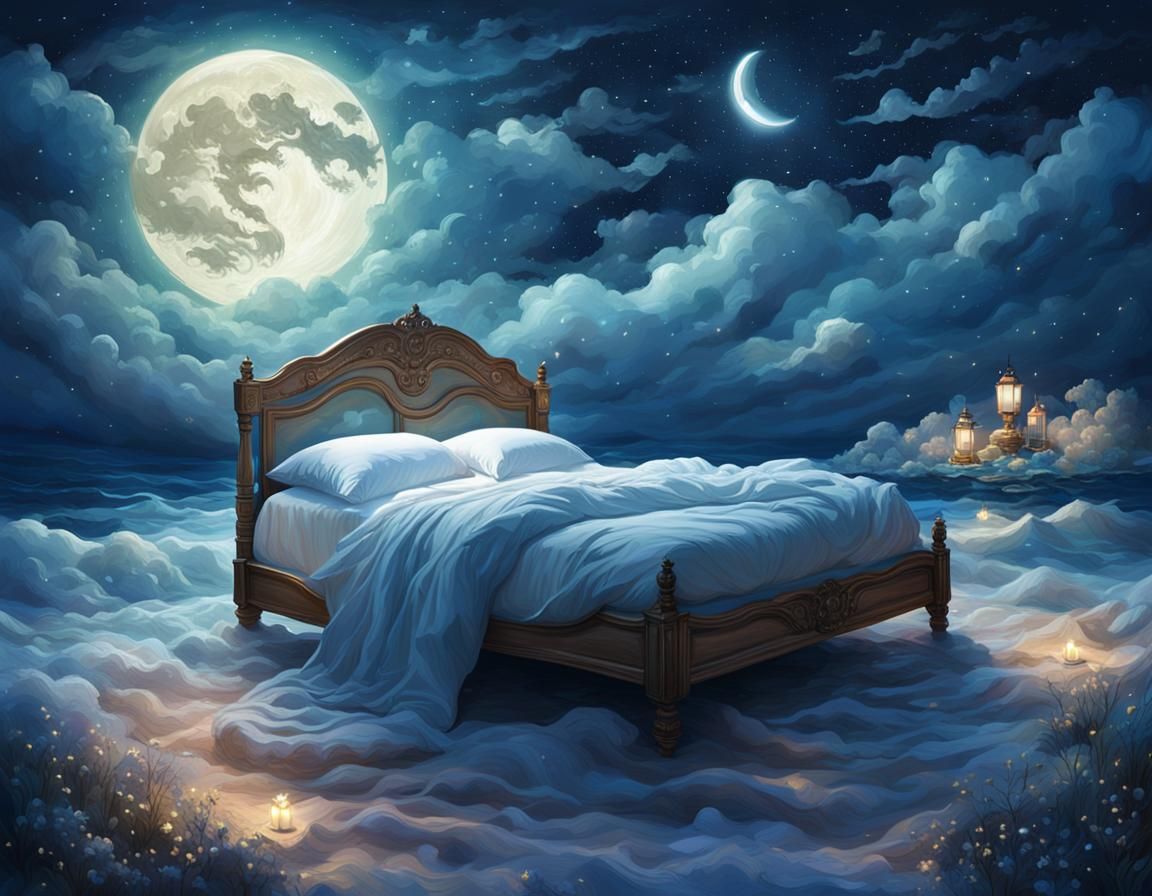 Floating Bed on Stormy Waves in Dreamy Digital Art