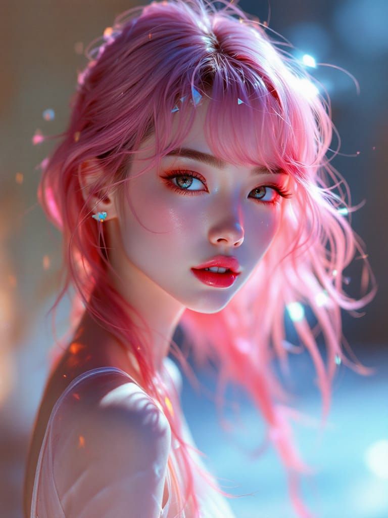 Anime Pin-Up Woman With Pink Hair Glowing
