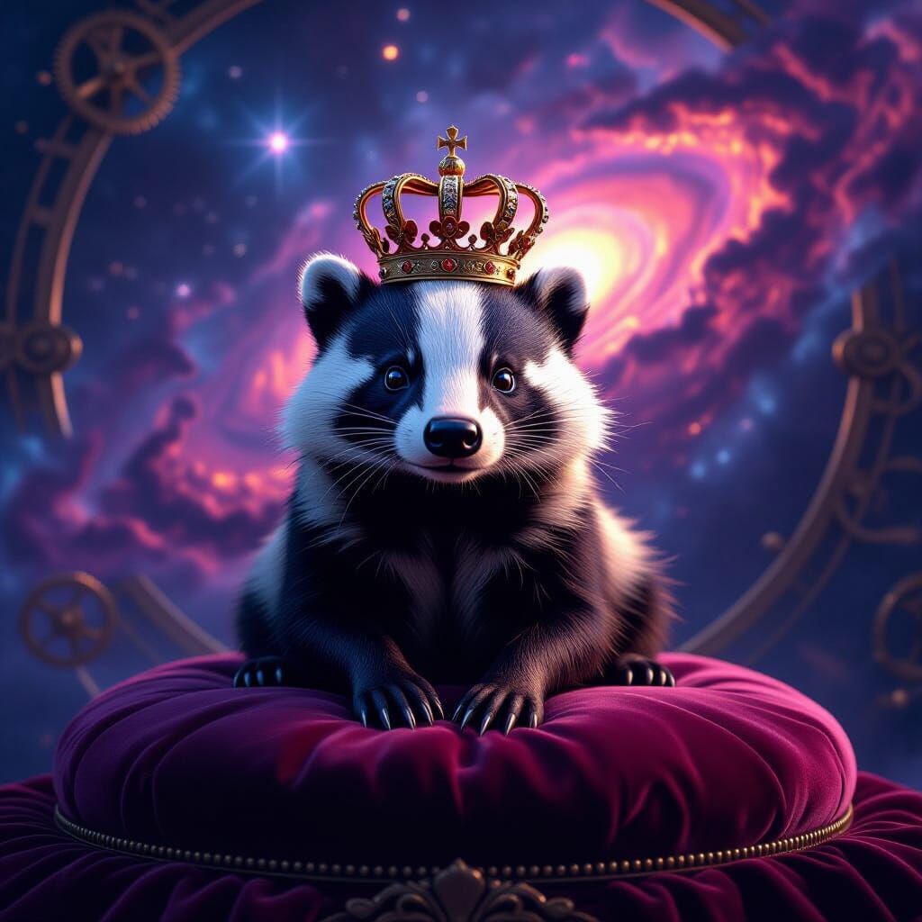 Regal Badger in Victorian Crown Amidst Cosmic Nebula