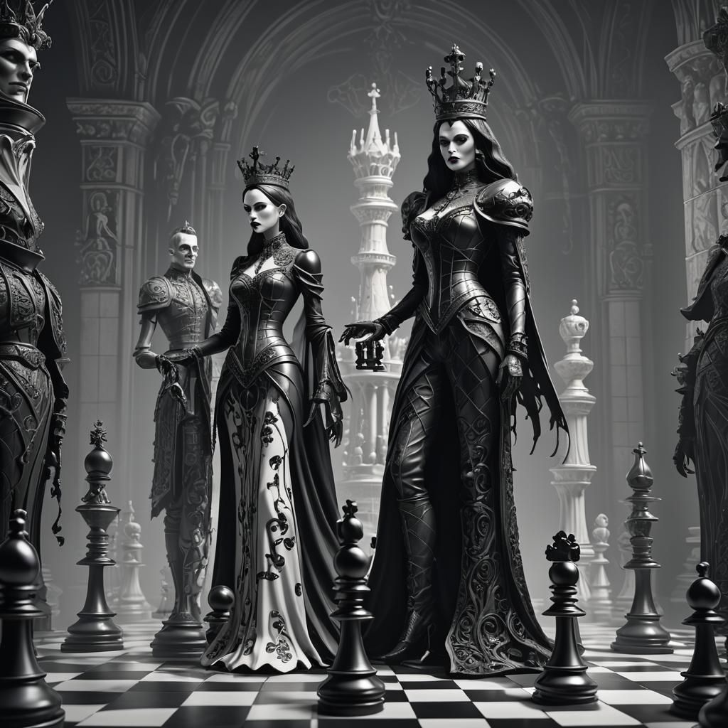 Gothic Chess Queen and Dracula in 3D Render