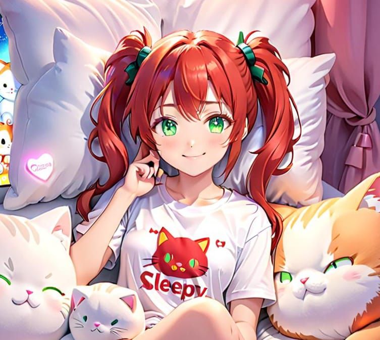 Cute Anime Girl in Bed in Tokyo at Night