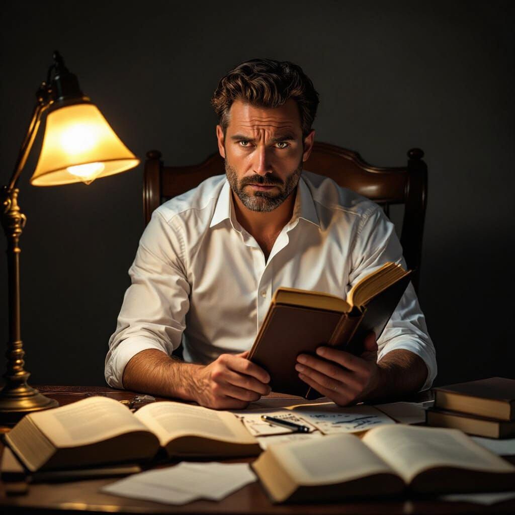 Man at Desk with Lamp, in Photo-Realistic Style