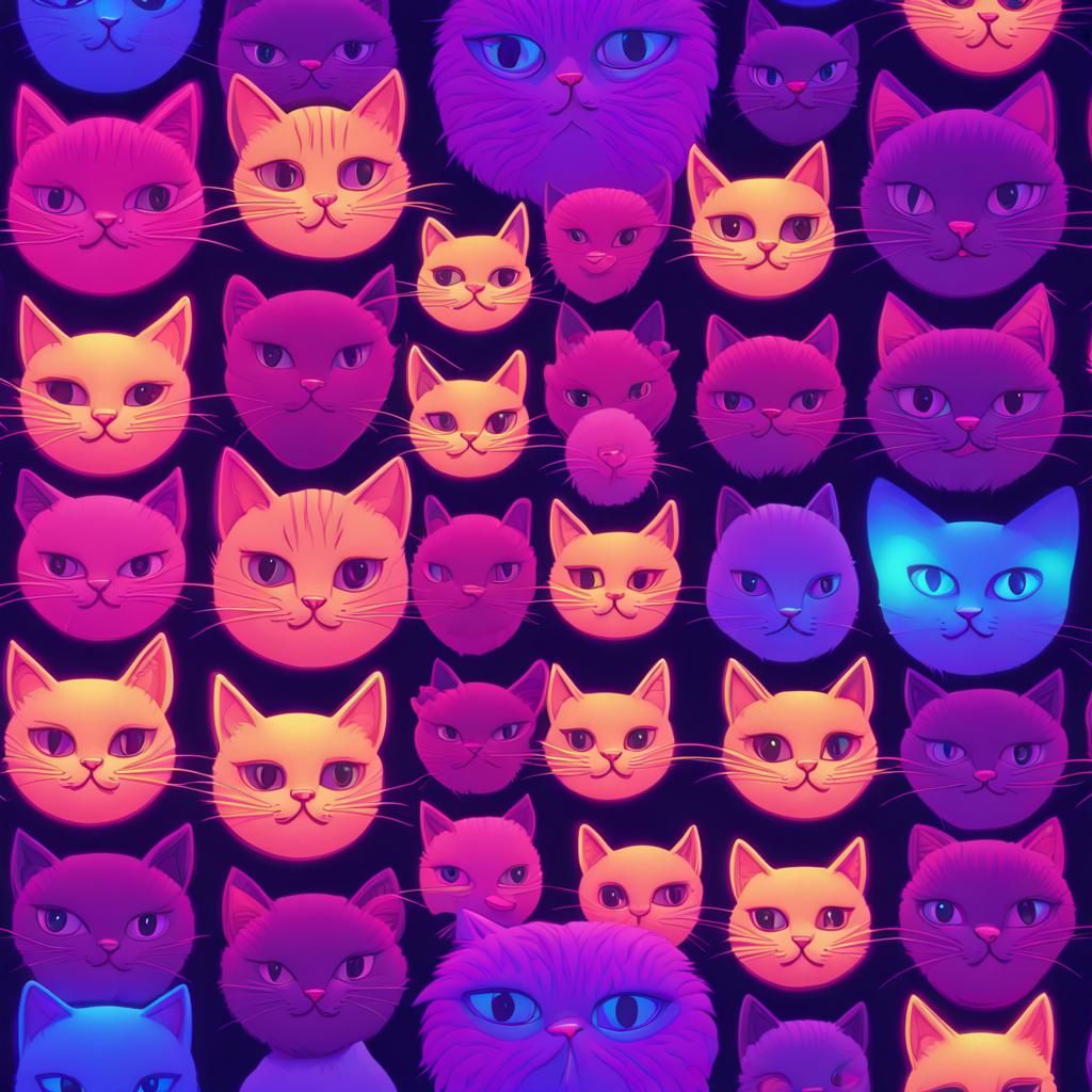 Funky Neon Cat Face Pattern in Kawaii Style