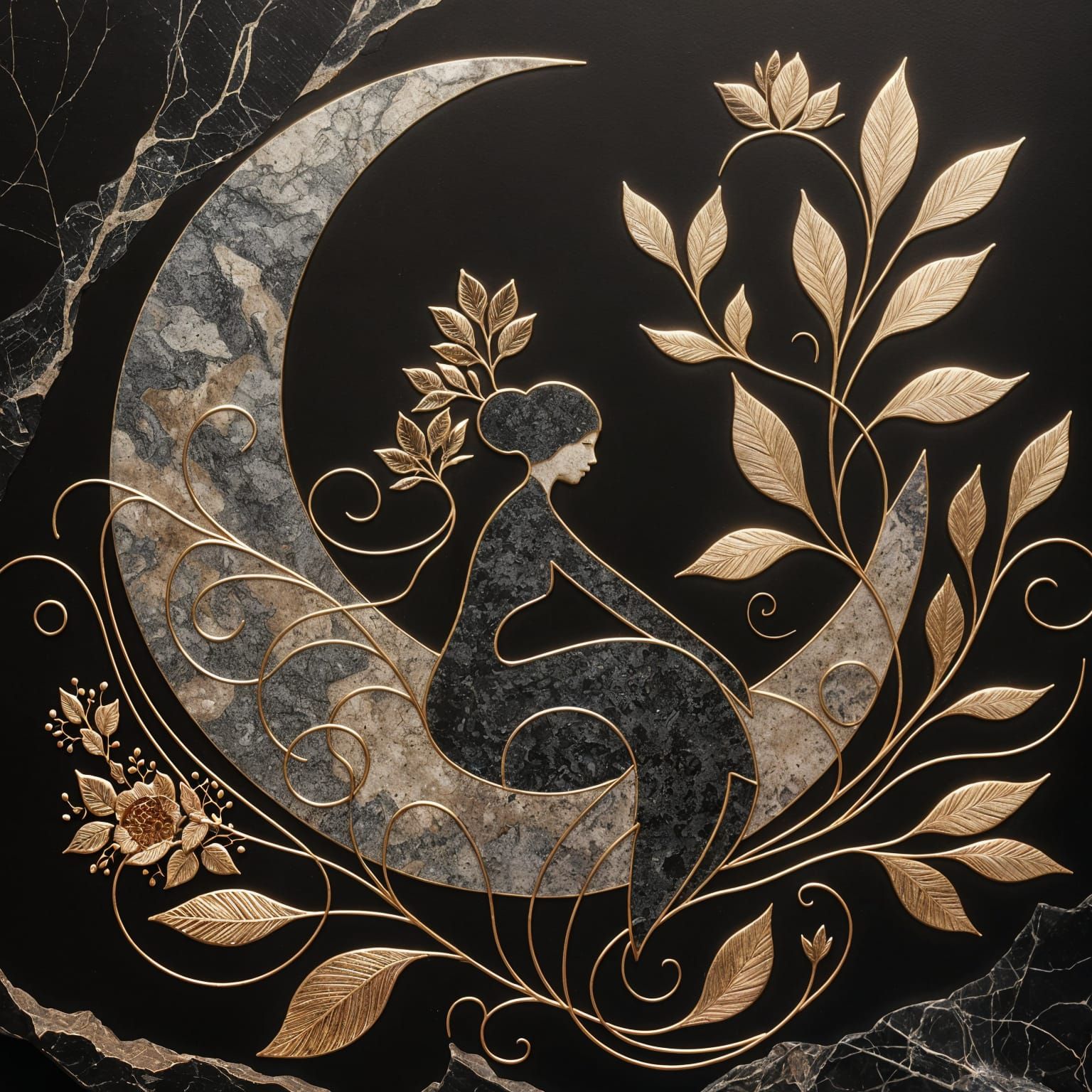 Luxurious Dark Fantasy Scene with Silhouette of Woman on Cre...