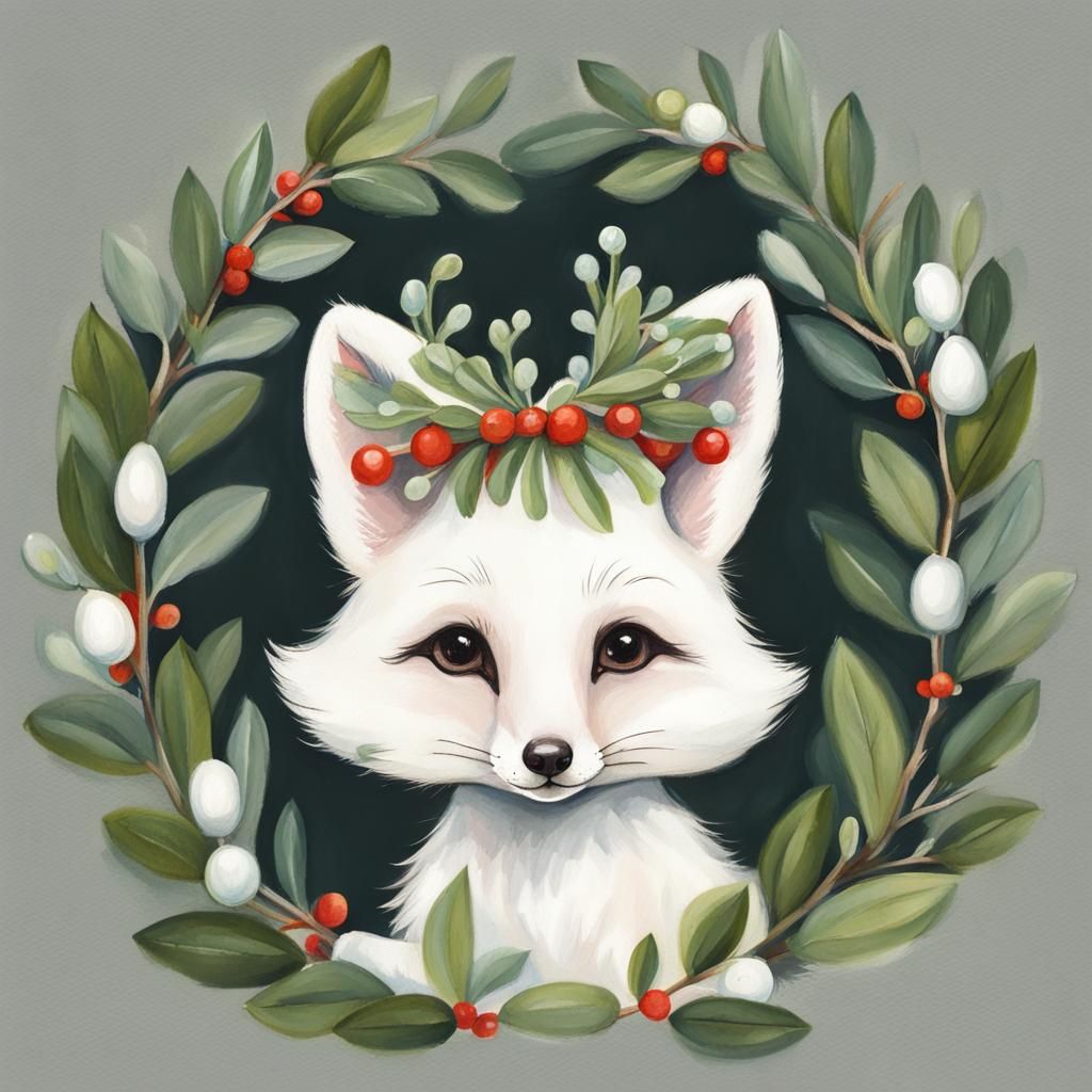 Mistletoe Crown: A Gouache Painting of Baby Fox