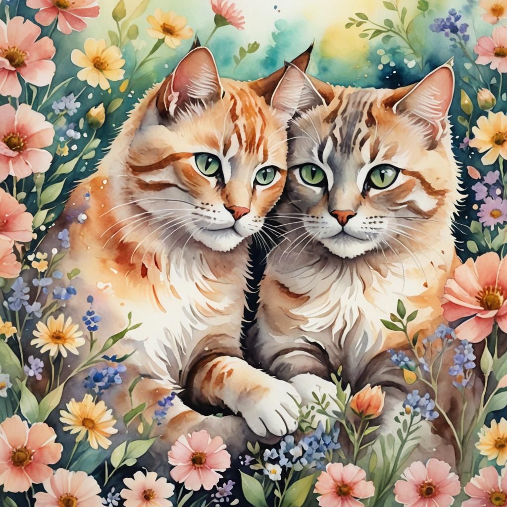 Whimsical Watercolor: Cats Embracing Among Flowers