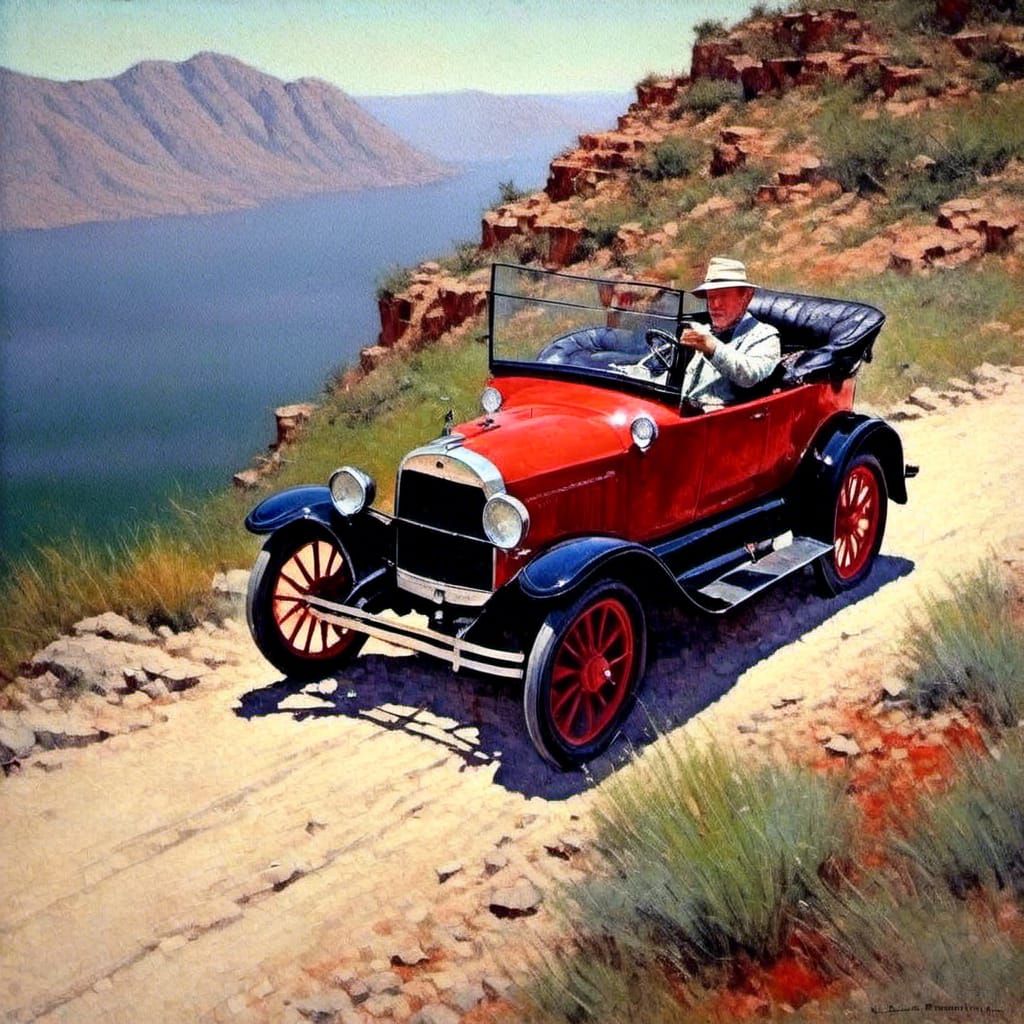 Man Driving Red Ford Model A on Mountain Road