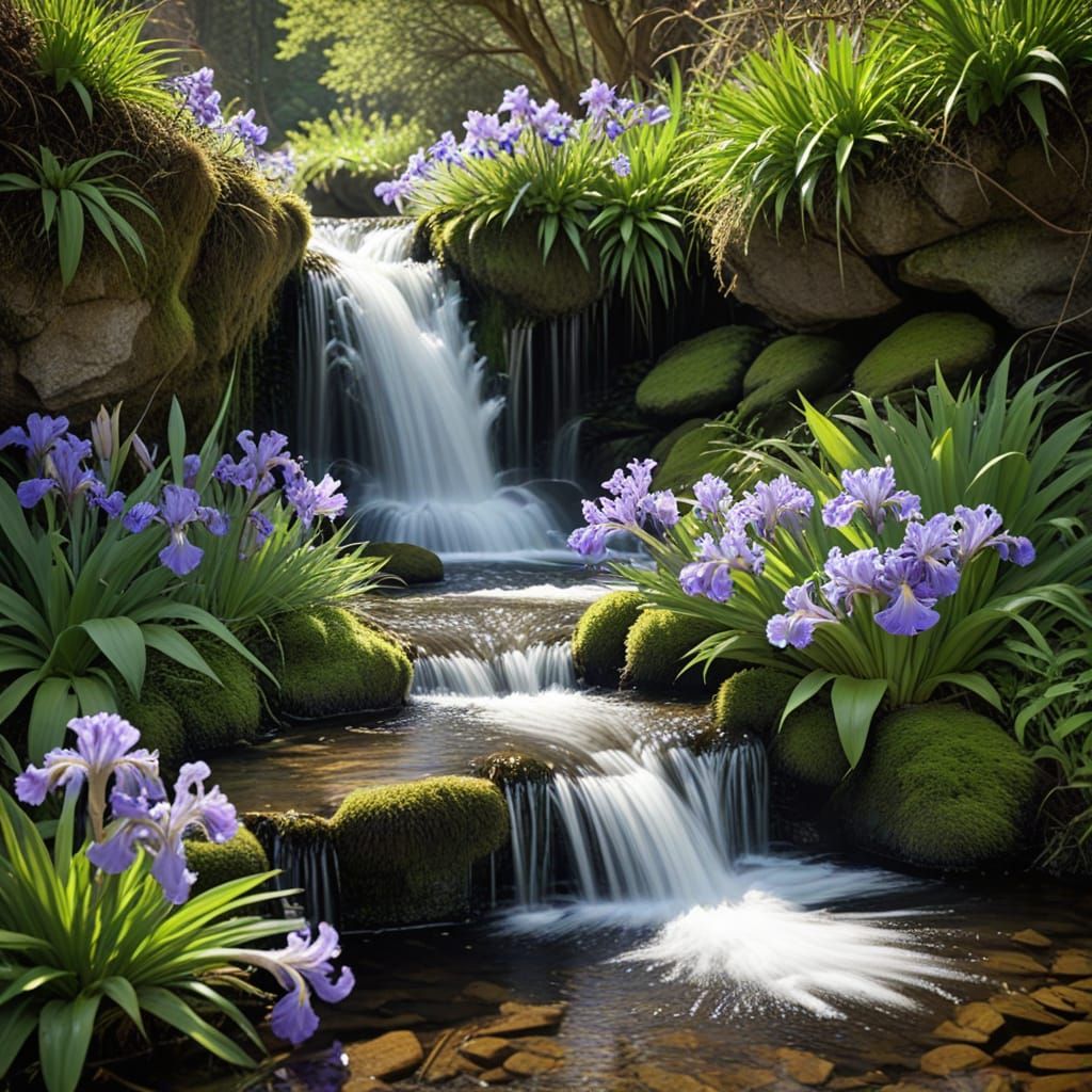 Lush Waterfall Scene with Irises and Moss