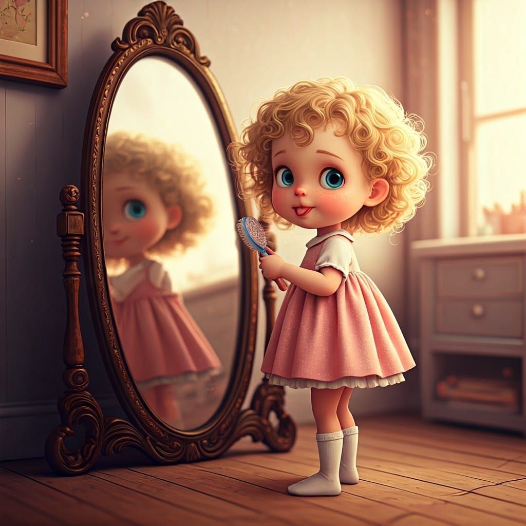Whimsical 3D Portrait of Curly Blonde Girl Brushing Hair in ...