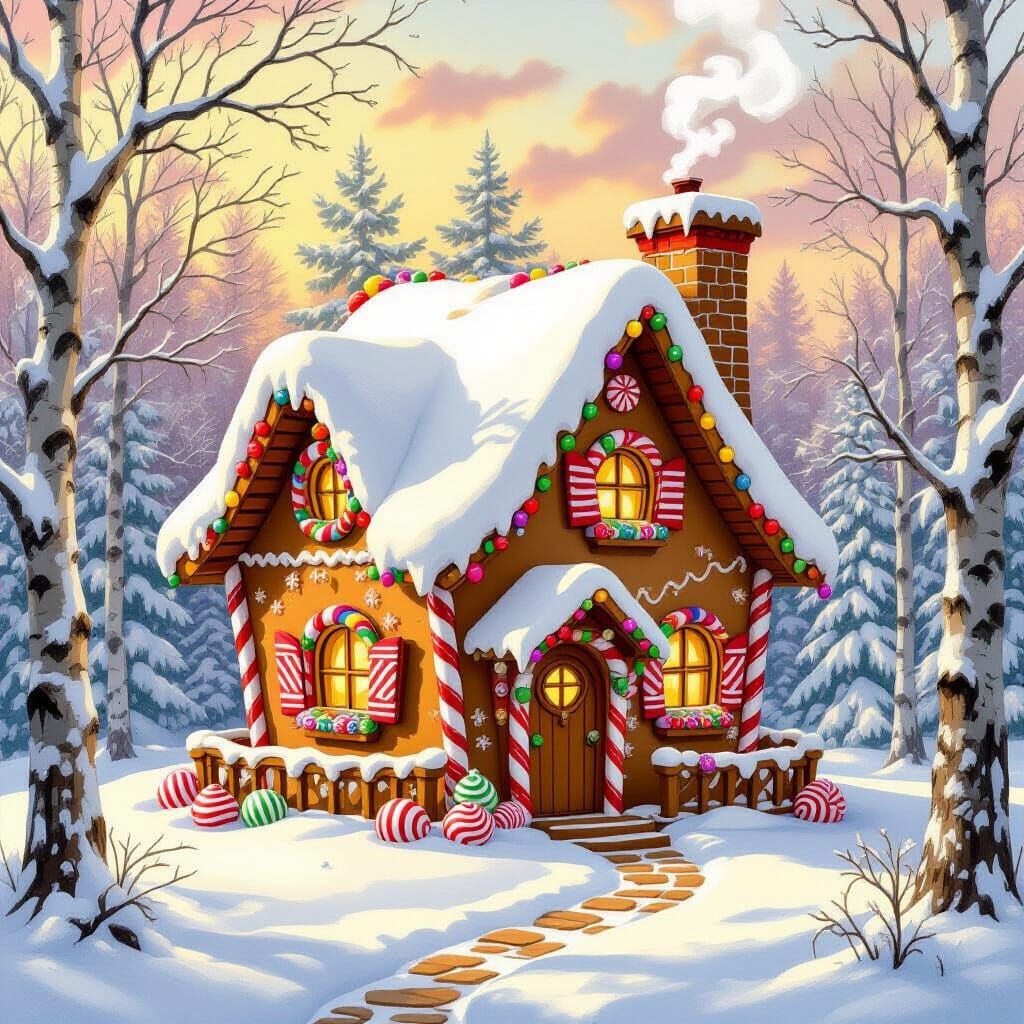 Gingerbread Treehouse in Winter Wonderland as Painterly Art