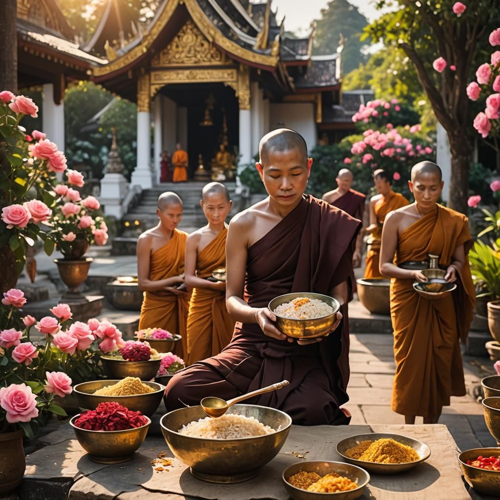 Thai Women Offering Alms to Monks: 8K Painting
