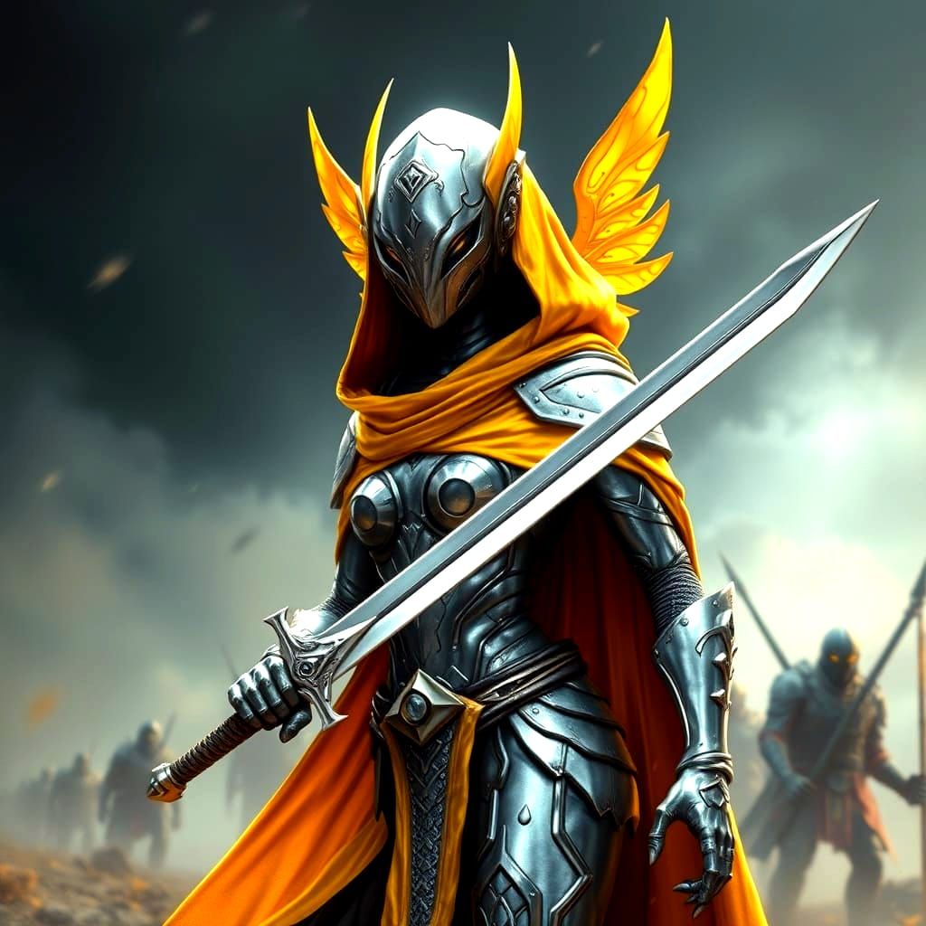 Ethereal Alien Warrior in Silver Armor and Yellow Cape Charg...