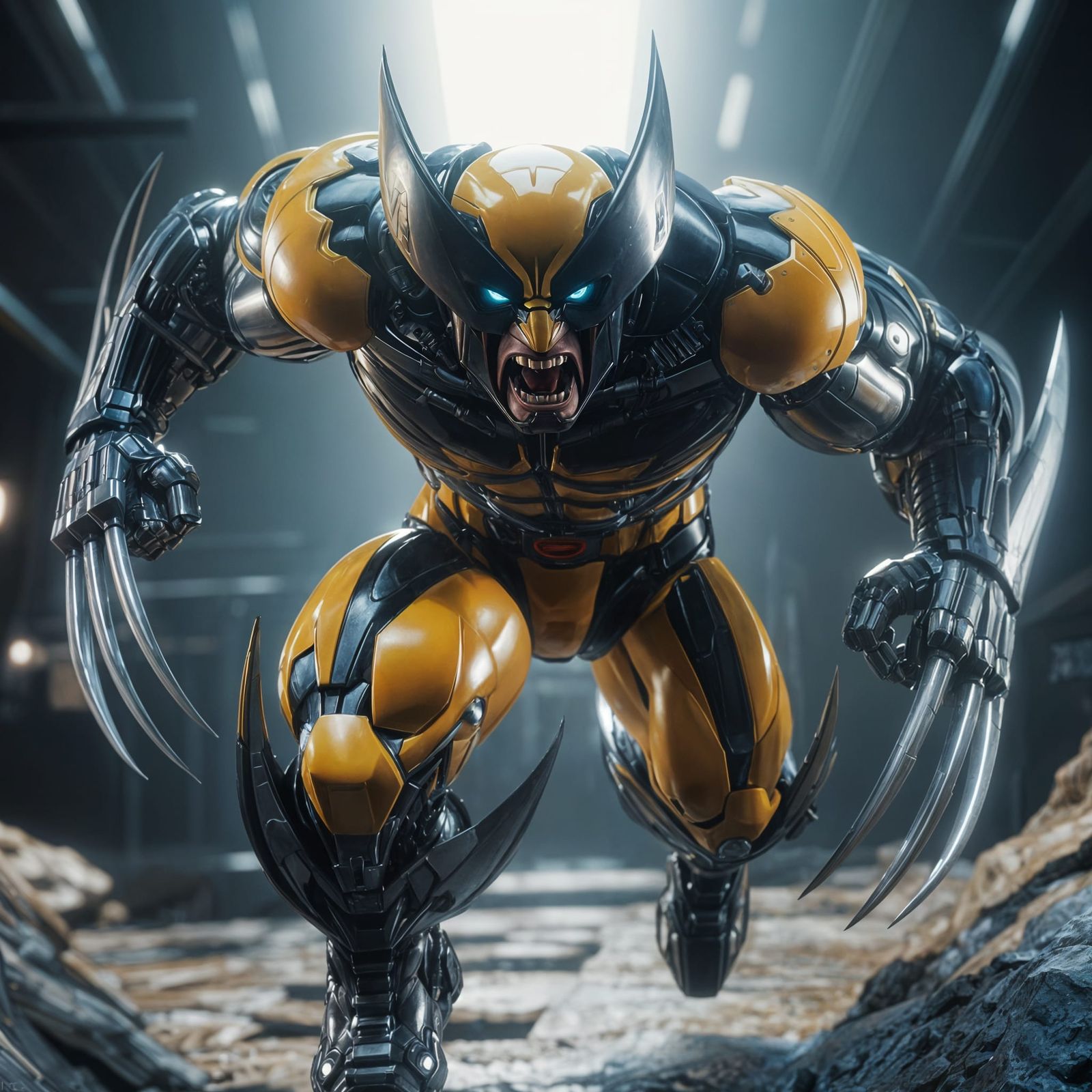 Cybernetic Wolverine Leaping in Futuristic Action Scene